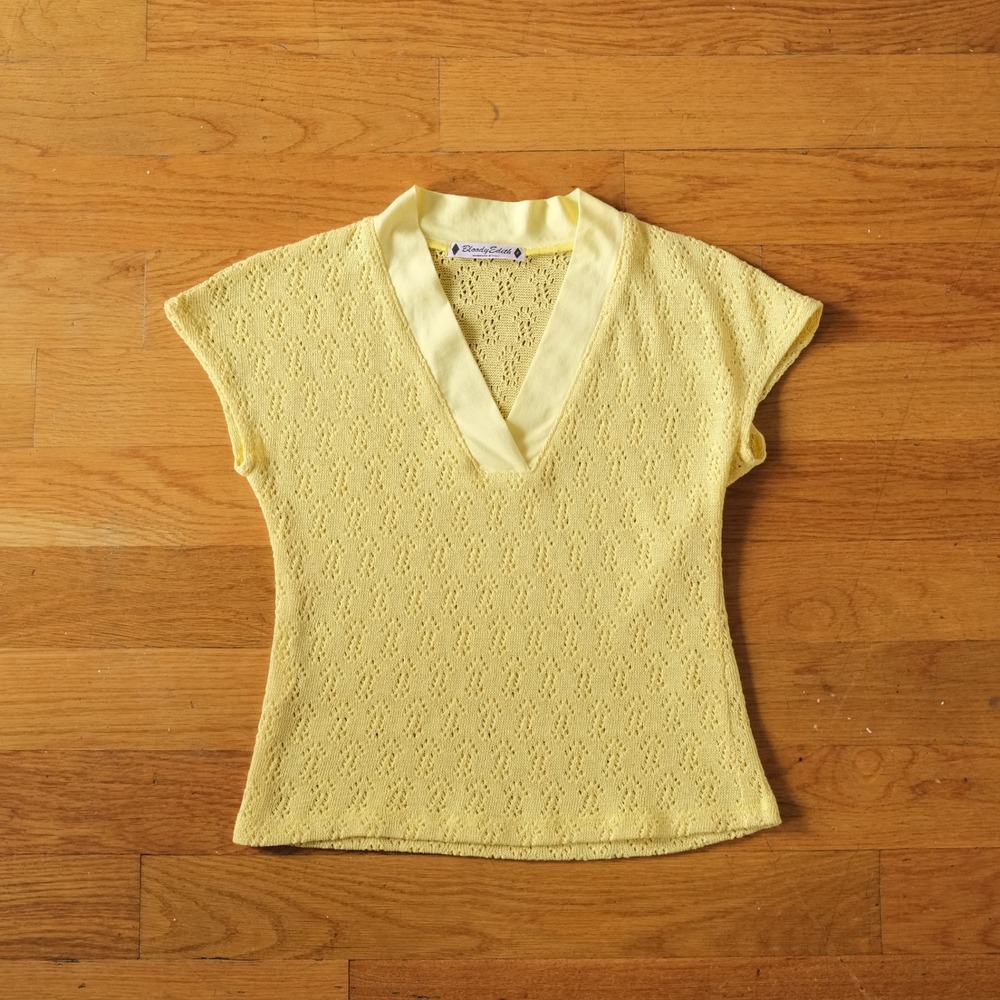 Bloody Edith Knit Top Women Yellow Pointelle V-Neck Cap Sleeve Coquette S Italy